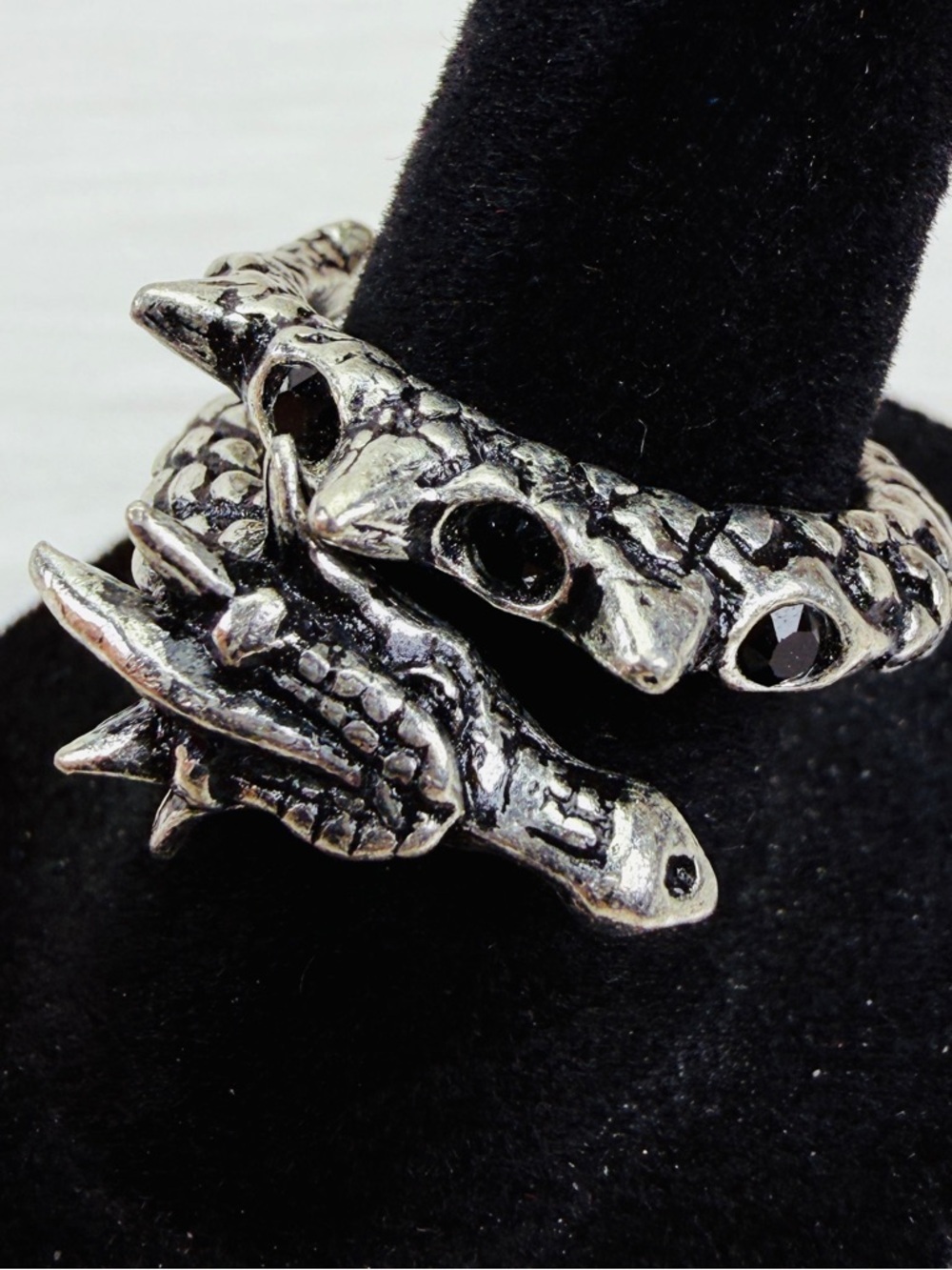 Beautiful silvertone, black bling, dragon coil costume ring